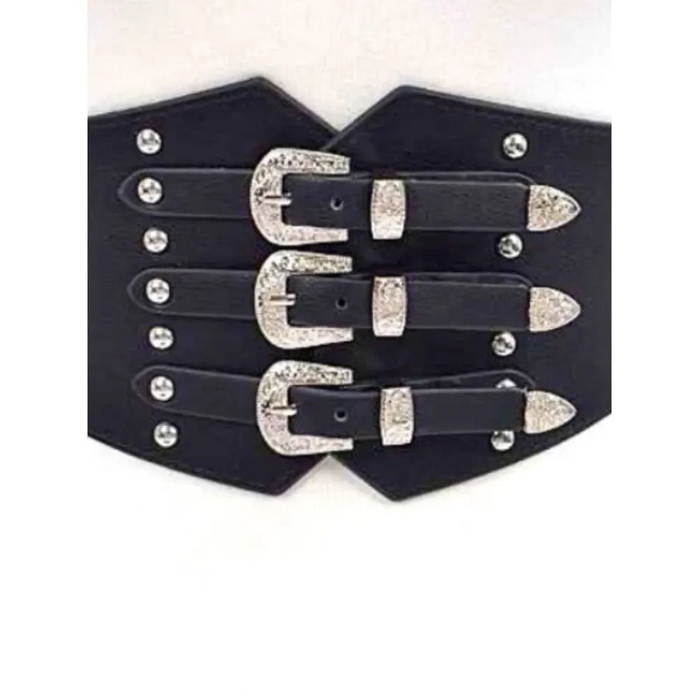 Black Silver Triple Buckle Studded Wide Statement Belt NWT